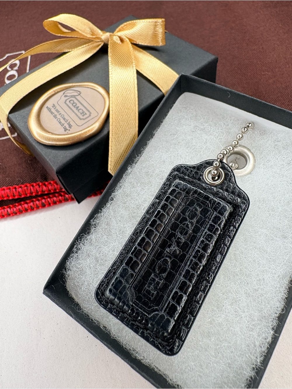 🐊Y2K 2” Coach Ltd Ed. Croc Embossed Black Leather Vintage Hang Tag Bag Charm Fob